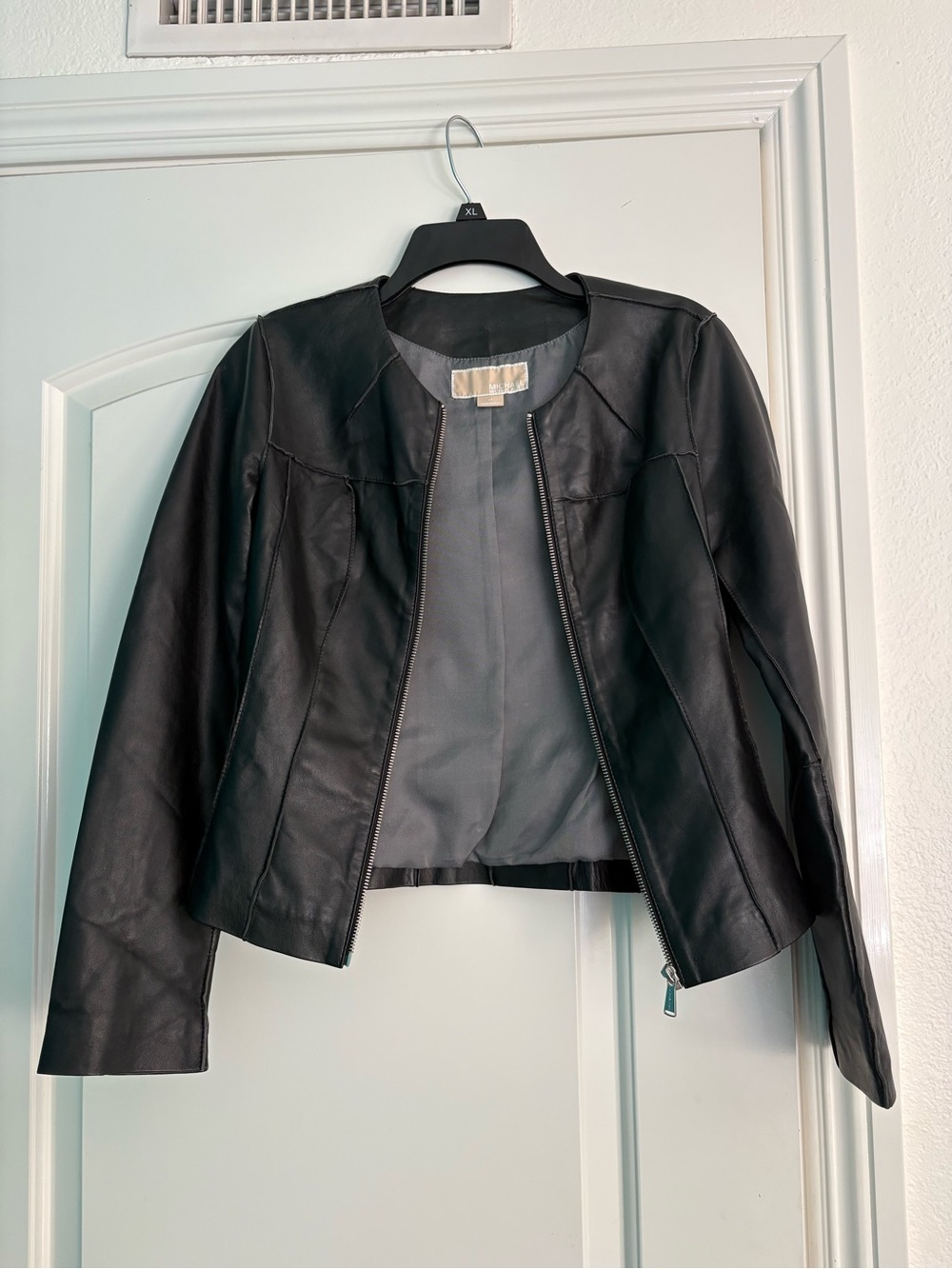 Michael Kors Black Leather Collarless Zip Jacket